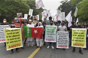 تریپورہ میں ہوئےتشدد اور فیکٹ پھائنڈنگ ٹیم کےارکان پر درج یو اے پی اے کے معاملے کے خلاف  دہلی کے تریپورہ بھون پر ہوا احتجاج۔ (فوٹو: پی ٹی آئی)