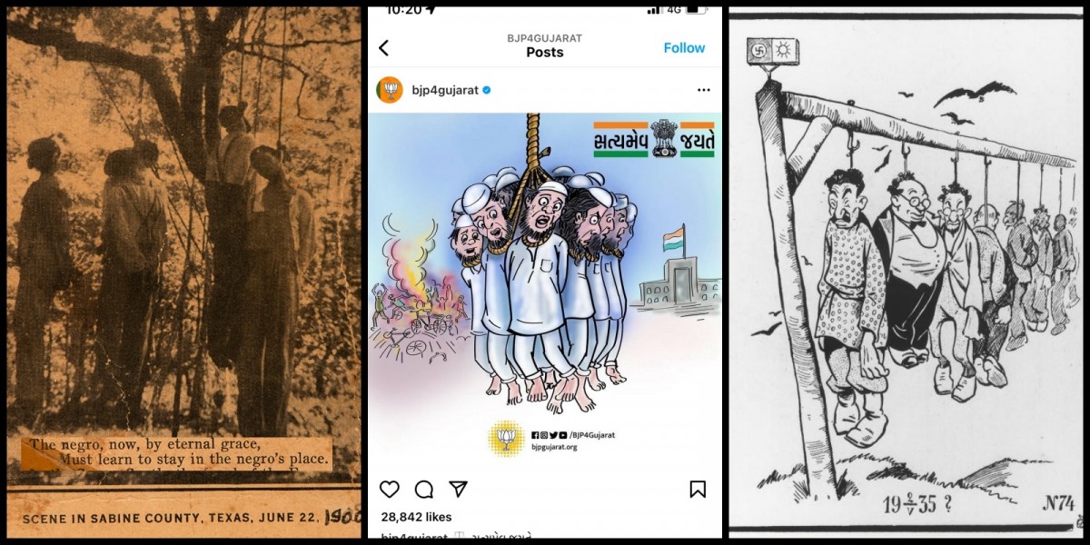 1935 میں ریاست ہائے متحدہ امریکہ سےلنچنگ پوسٹ کارڈ، گجرات بی جے پی کی جانب سے پوسٹ کیا گیا کارٹون ، سال1935 میں یہودیوں، کمیونسٹوں اور پھانسی پر لٹکے نازیوں کے دوسرےدشمنوں کو دکھاتا کارٹون۔ (بہ شکریہ: trueinphotography.org، Instagram، US Holocast Museum)