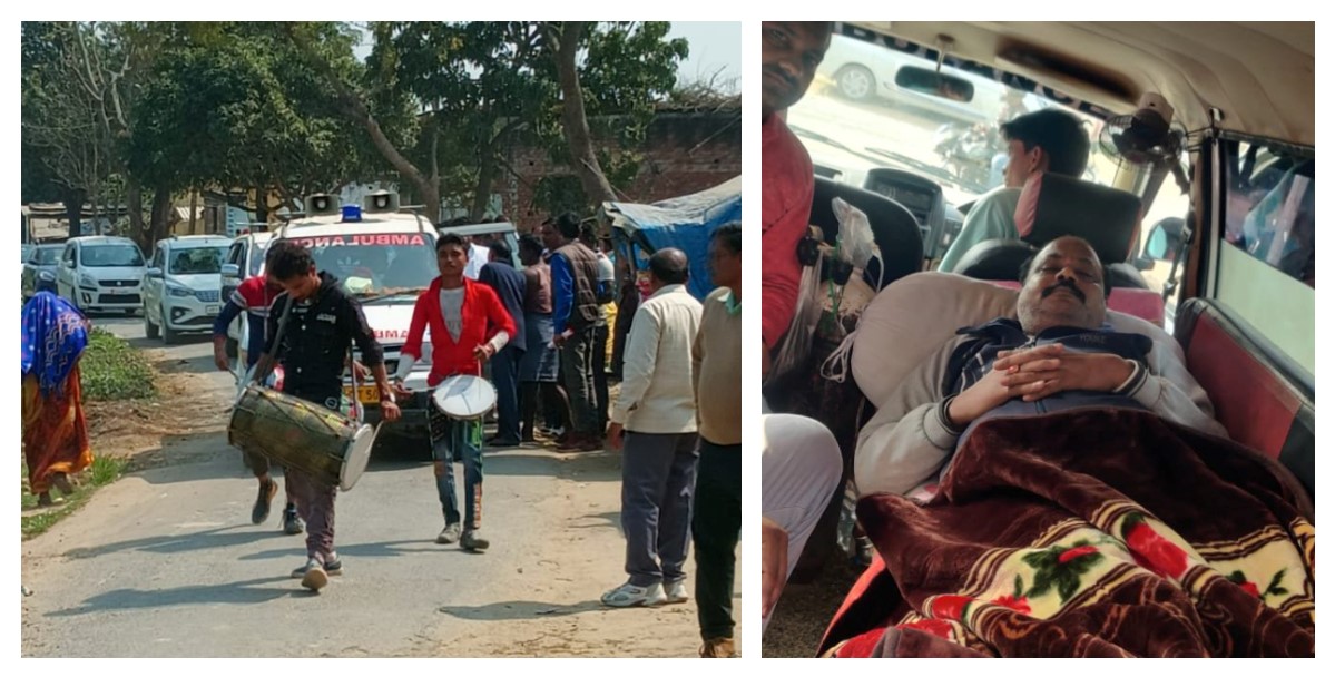 نرمیش منگل کا قافلہ اور نرمیش منگل ایمبولینس میں۔ (فوٹو بہ شکریہ: Facebook/@nirmesh.mangal.5)