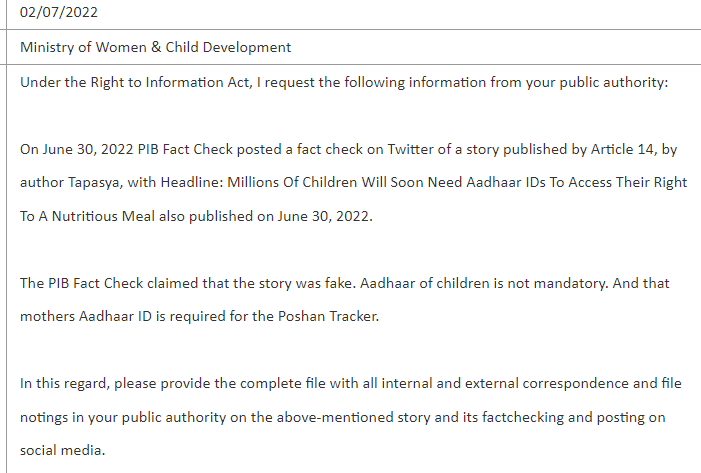 RTI queries sent to the women and child development ministry regarding the PIB Fact Check.