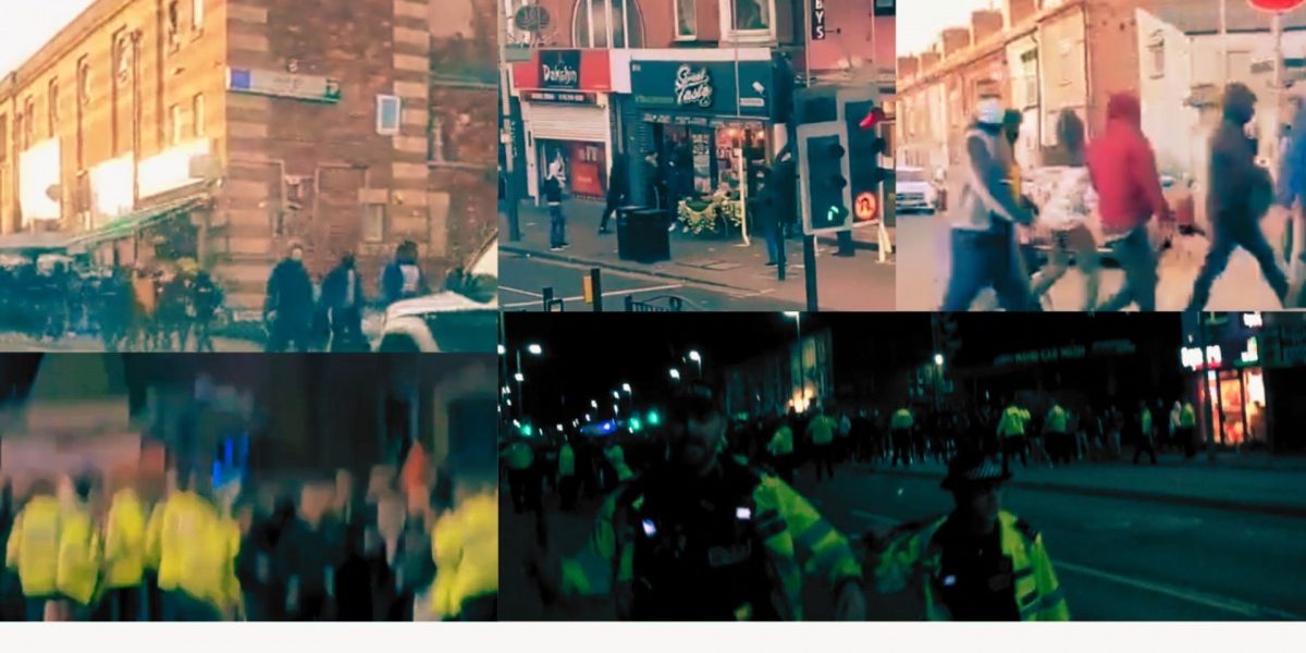 برطانیہ کےلیسٹر میں تشدد کو ظاہر کرنے والےٹوئٹر پر اپ لوڈ کیے گئے ویڈیو کا اسکرین شاٹ۔