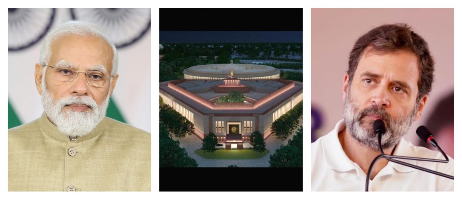 نریندر مودی، راہل گاندھی اور نیا پارلیامنٹ ہاؤس۔ (فوٹو بہ شکریہ: پی آئی بی، پی ٹی آئی اور فیس بک /@rahulgandhi)