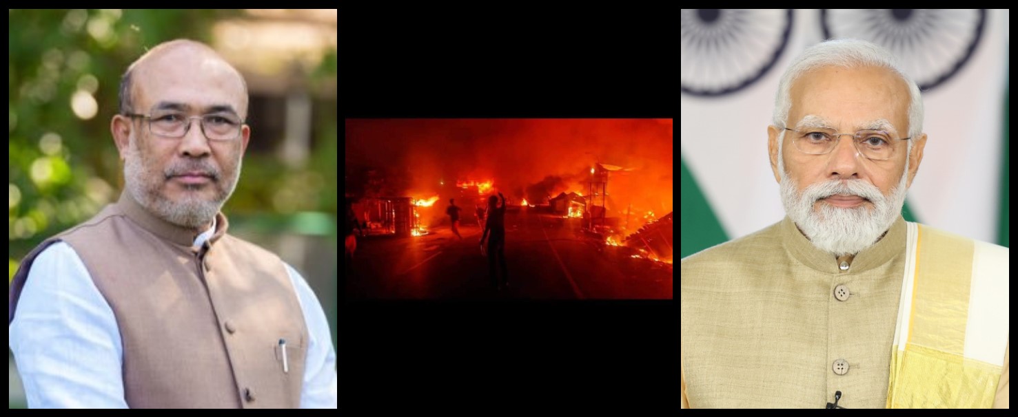منی پور میں حالیہ کشیدگی کے دوران آگ زنی(وسط میں) وزیر اعلیٰ این بیرین سنگھ اور وزیر اعظم نریندر مودی۔ (فوٹو بہ شکریہ: ٹوئٹر/ پی آئی بی)