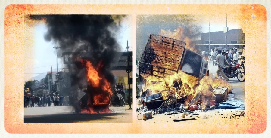 (بائیں) منی پور تشدد، گجرات تشدد کے دوران آگ زنی۔ (فوٹوبہ شکریہ: دی فرنٹیئر منی پور/پی ٹی آئی)