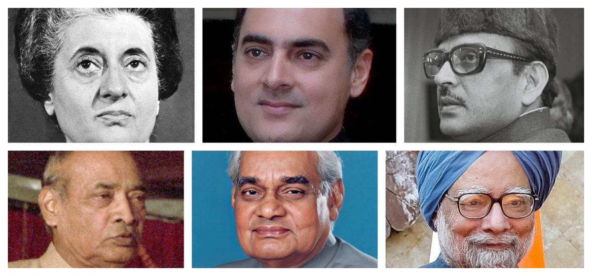 اوپر (بائیں سے دائیں): اندرا گاندھی، راجیو گاندھی اور وی پی سنگھ، نیچے (بائیں سے دائیں): پی وی نرسمہا راؤ، اٹل بہاری واجپائی اور منموہن سنگھ۔ تصاویر؛ وکی میڈیا کامنس ۔ السٹریشن: دی وائر