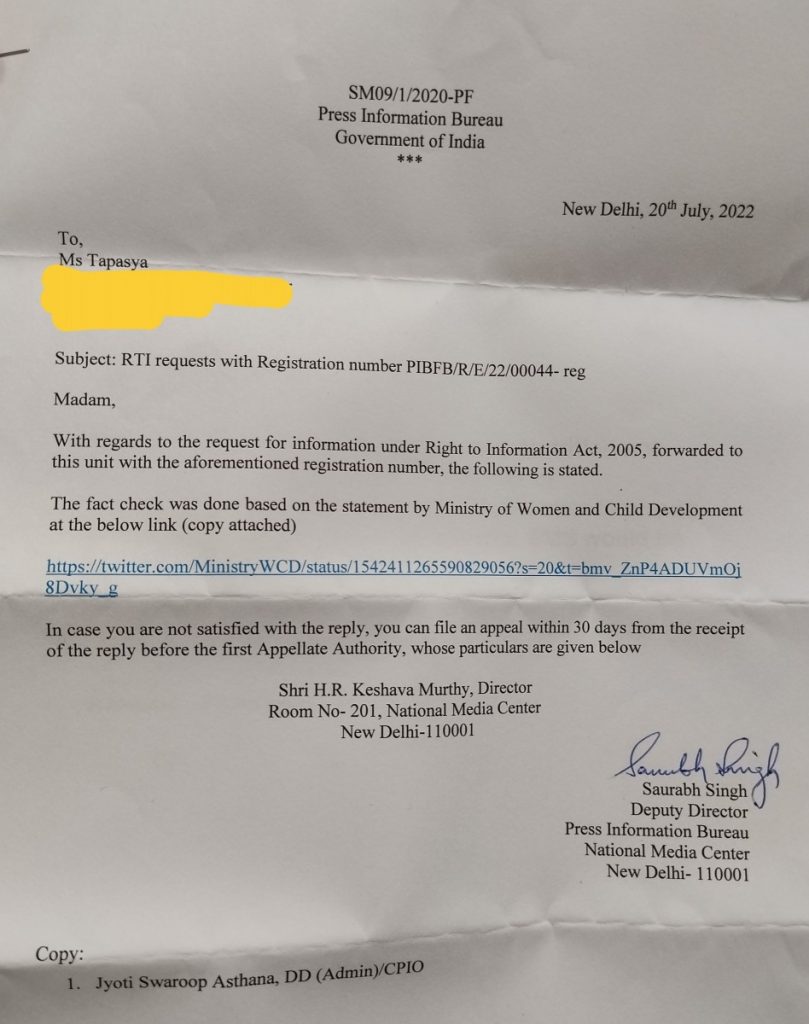 The PIB reply said that the fact-check was based only on the WCD ministry’s tweet.