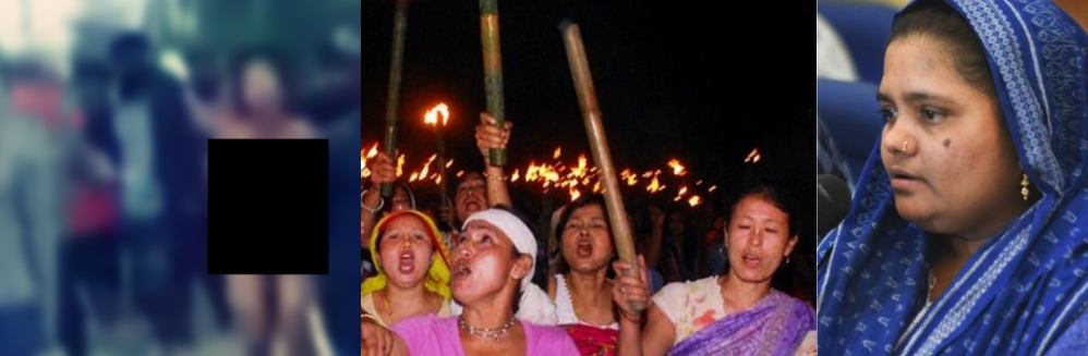 (بائیں سے) کُکی خواتین کی برہنہ پریڈ۔ میتیئی خواتین کی تنظیم 'میرا پیبی' کا احتجاجی مظاہرہ اور بلقیس بانو۔ تصویر: پی ٹی آئی اور ٹوئٹر