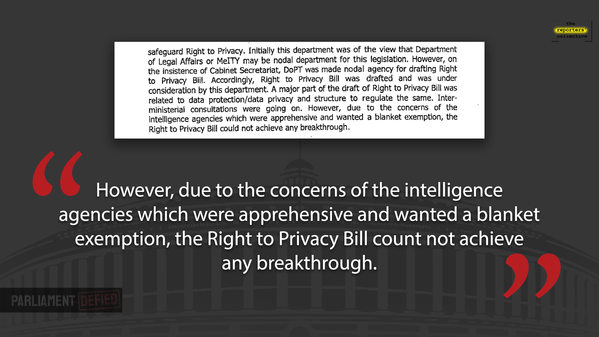 مودی حکومت نے باضابطہ طور پر اعتراف کیا کہ ہندوستان کی خفیہ ایجنسیوں کے خدشات کے بعد پرائیویسی بل کو مسترد کر دیا گیا تھا۔ ماخذ: سرکاری یقین دہانیوں پر کمیٹی کی 56ویں رپورٹ